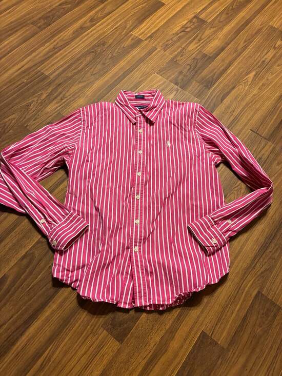 Ralph Lauren Sport Tops - Ralph Lauren Sport Women's Slim Fit Pink and White Striped Long Sleeve Button-Do